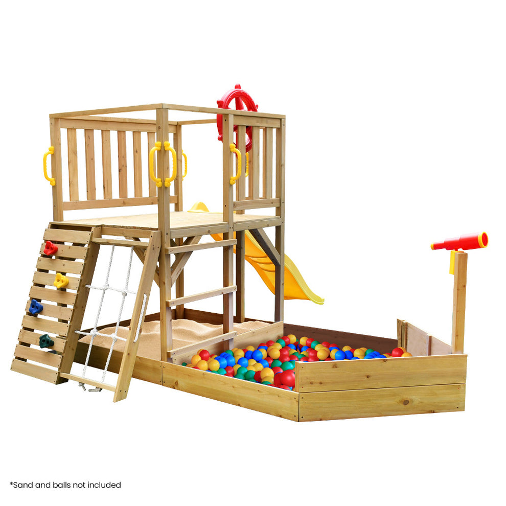 Rovo Kids Boat-Shaped Wooden Sand Pit Tower with Slide and Climbing Wa ...